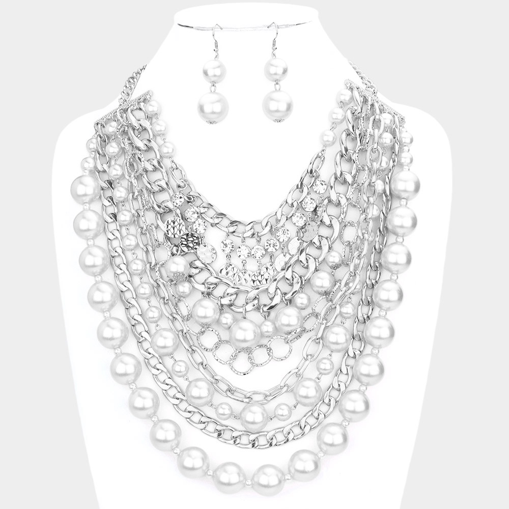 Rhinestone Pearl Charms Chain Bib Necklace Set 62$